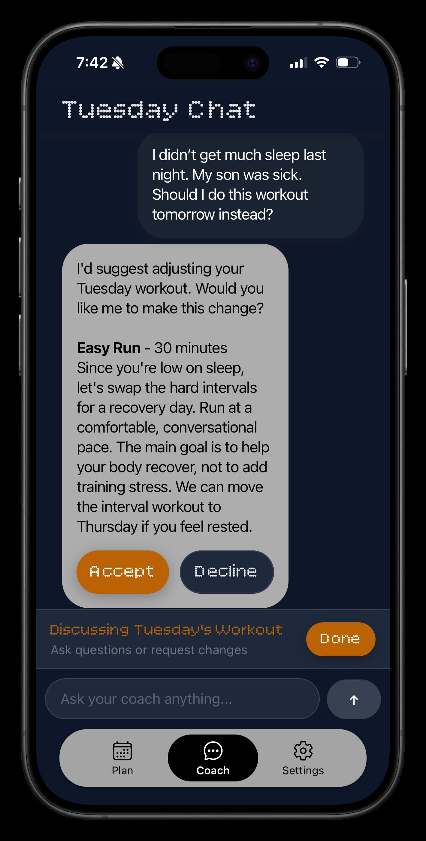 AI running coach chat interface proposing adaptive workout adjustment based on poor sleep low energy flexible training plan