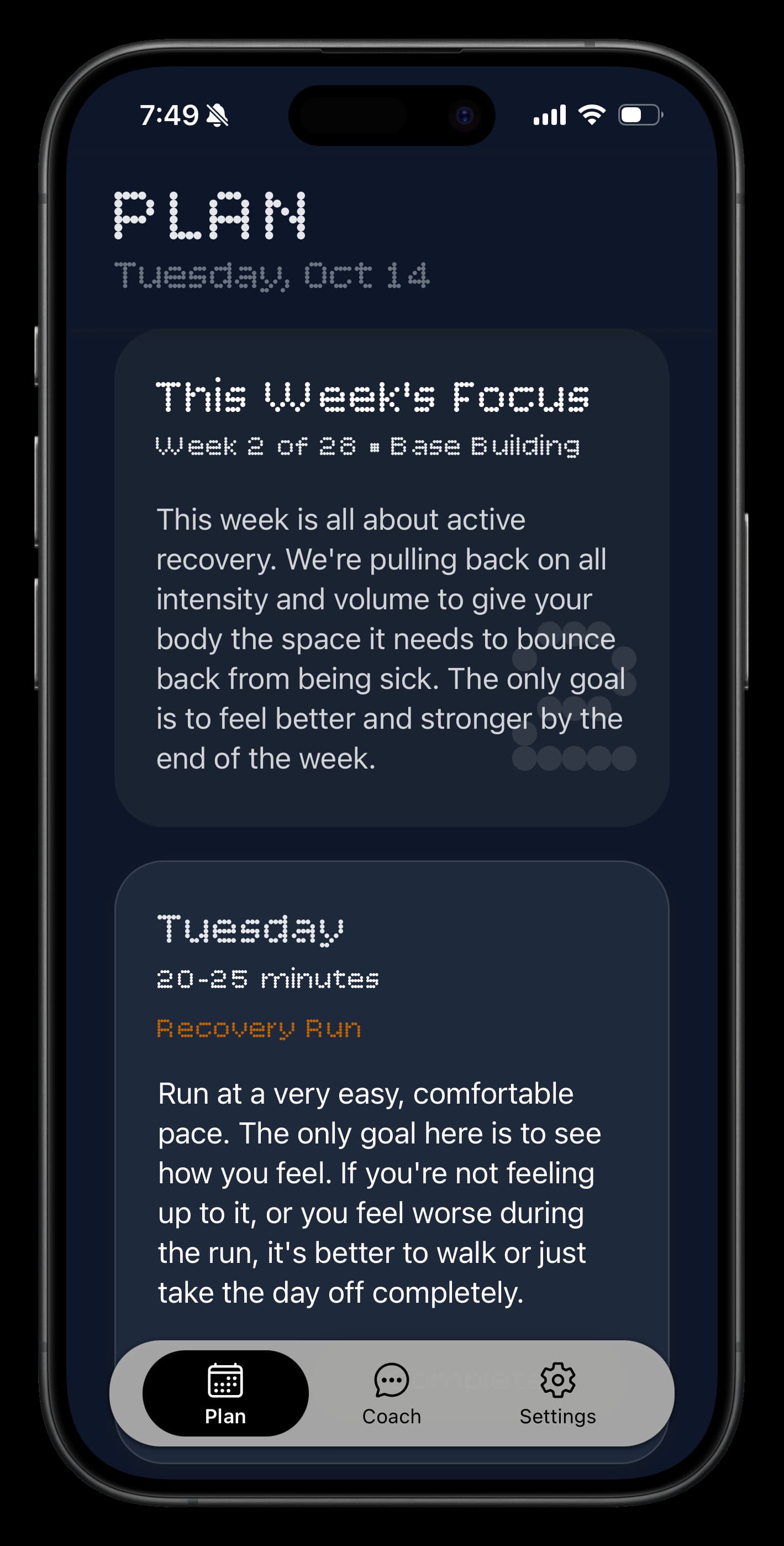 Adaptive AI running coach weekly training plan for busy runners showing personalized workouts that adjust to life stress and fatigue