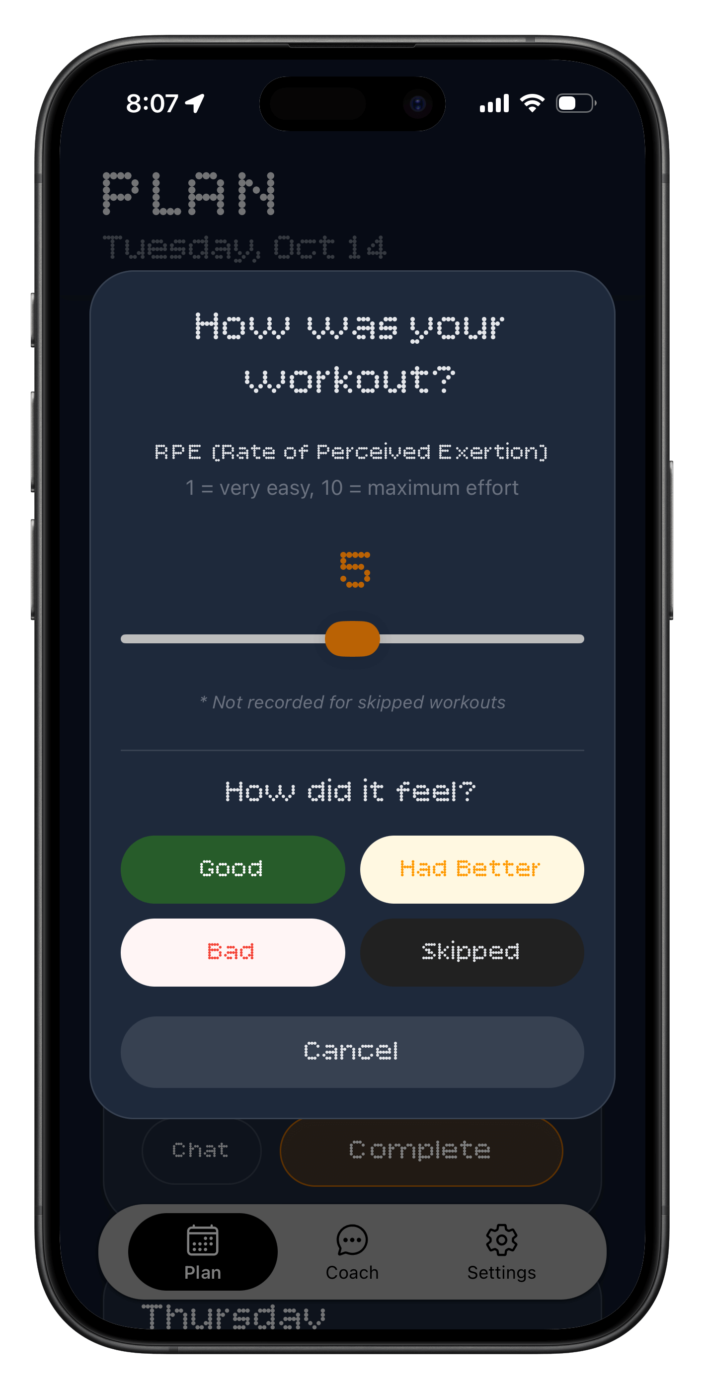 Running workout feedback RPE scale rating adaptive training plan adjusts based on how you feel effort level subjective response